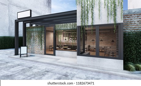 Front view Cafe shop & Restaurant design  Modern Loft metal sheet black green plant wall Brick Windows black metal frame   3D render