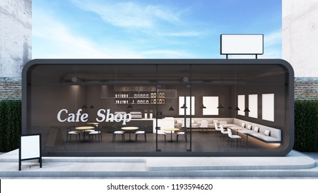 Front view Cafe shop & Restaurant design  Modern Loft metal sheet black green wall  Brick wall   3D render