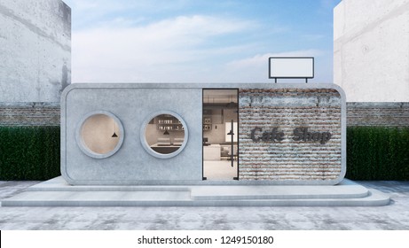 Front view Cafe shop & Restaurant design  Modern Loft concrete  Frame circle glass green wall  Brick wall   3D render