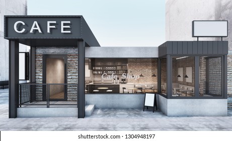 Front view Cafe shop & Restaurant design  Modern Loft metal sheet black White cafe text wall Brick Windows black metal frame   3D render