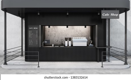 Front view Cafe shop & Restaurant design  Modern minimal metal black  wall concrete windows black metal frame   3D render