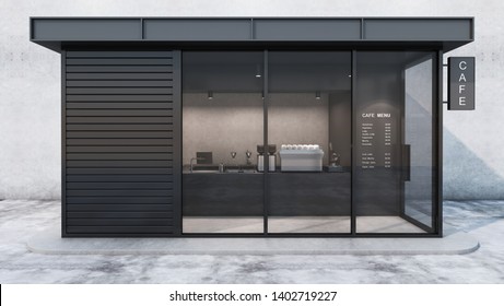 Front view Cafe shop & Restaurant design  Modern minimal metal black  wall concrete windows black metal frame   3D render