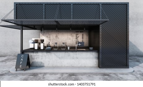 Front view Cafe shop & Restaurant design  Modern minimal metal black Counter top black metal concrete windows black metal frame   3D render