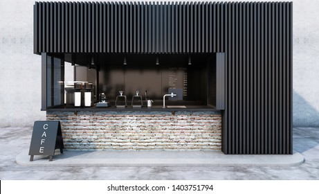 Front view Cafe shop & Restaurant design. Modern minimal metal black.Counter top black metal brick,windows black metal frame- 3D render
