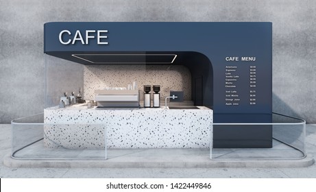 Front view Cafe shop & Restaurant design  Modern minimal Text cafe   menu blue wall Counter granite stone  Granite stone wall Glass windows Glass rail Concrete floor   3D render