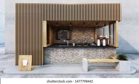 Front View Cafe Shop  Restaurant Design. Modern Minimal Wood Slat.Counter Top Black Metal Brick,windows Wood Frame- 3D Render