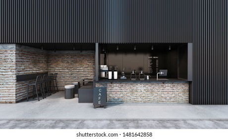Front view Cafe shop & Restaurant design  Modern minimal metal black Counter top black metal brick windows black metal frame   3D render