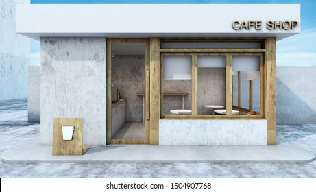 Front view Cafe shop  Restaurant design modern minimal Roof white concrete wood text Concrete wall windows wood frame   3D render