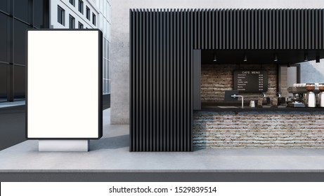 Front view Cafe shop & Restaurant design. Modern minimal metal black.Counter top black metal brick,windows black metal frame,Billboard mockup- 3D render