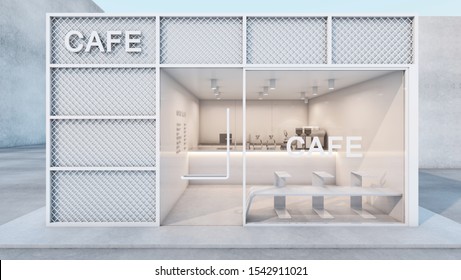 Front view Cafe shop & Restaurant design Modern minimal metal white Counter top metal white gloss  White glass metal frame   3D render