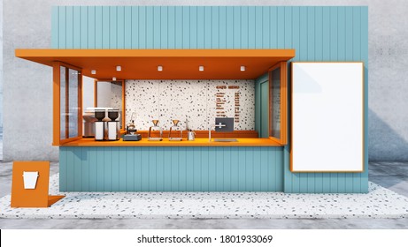 Front View Cafe Shop & Restaurant Design. Modern Minimal Blue Metal Black.Windows Orange Frame Metal,Counter Top Orange Metal,Text Menu On Granite Wall,Granite Floors- 3D Render