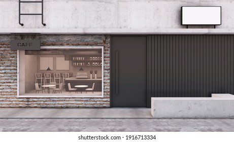 Front View Cafe Shop And Restaurant Design. Modern Loft Wall Brick Frame Windows Black,Black Metal Slat Wall,Concrete Floor- 3D Render