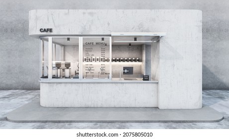 Front View Cafe Shop  Restaurant Design. Modern Minimal.Black Text Cafe On Concrete Wall,Metal Top Counter On Concrete Wall, Concrete Wall,Glass Windows- 3D Render