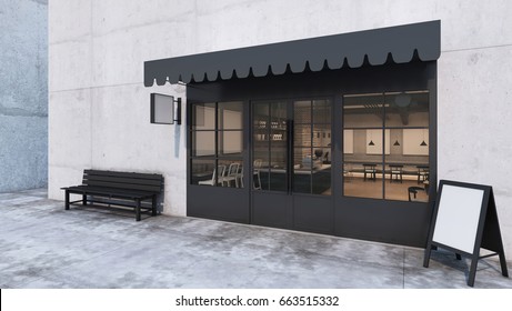 Front view Cafe shop & Restaurant design. Modern Loft counter steel black. Top counter concrete, 3D render