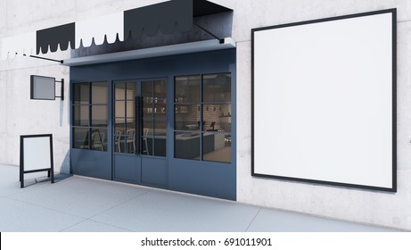 Front View Cafe Shop & Restaurant Design. Modern Loft Counter Steel Black. Top Counter Concrete, 3D Render