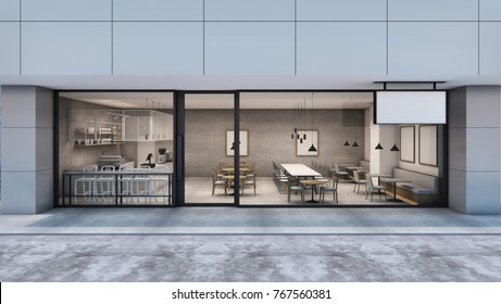 Front View Cafe Shop & Restaurant Design Modern Loft In The Department Store.- 3D Rendering