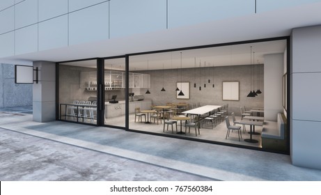 Front view Cafe shop & Restaurant design Modern Loft in the department store.- 3D rendering