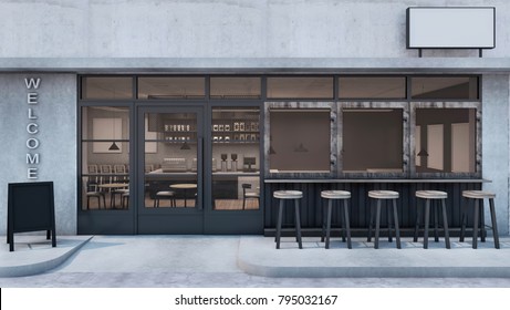 Front View Cafe Shop  Restaurant Design Modern Loft Black Metal Concrete Wall Front Seat Bar - 3D Rendering