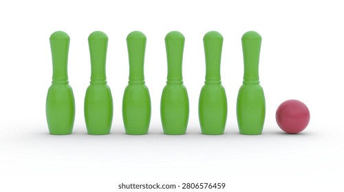 Front view of children bowling set with green skittles standing in a row and red ball, 3d render