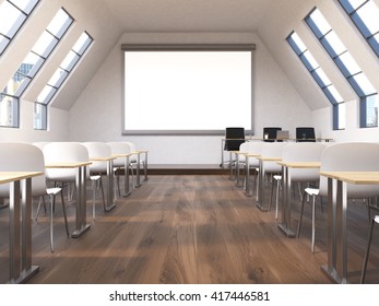 Front View Of Classroom Interior With Blank Whiteboard, Tables, Desks, Wooden Floor And City View. Mock Up, 3D Rendering