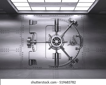 Front View Of Closed Bank Vault Door. 3d Render