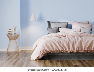 Front view of a comfortable bed with linen, pillows, a blanket in a blue style bedroom interior. 3d render illustrations