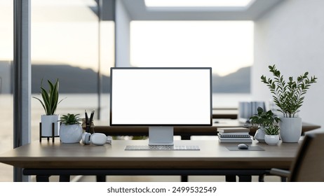 A front view of a computer desk in a modern office surrounded by large windows with a lake view, a computer with a white-screen mockup, books, and decor plants on the desk. 3d render, 3d illustration