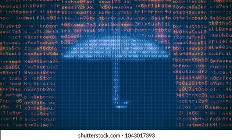 front view of a computer screen with random text and an umbrella made with binaries numbers, concept of computer security and protection (3d render)
