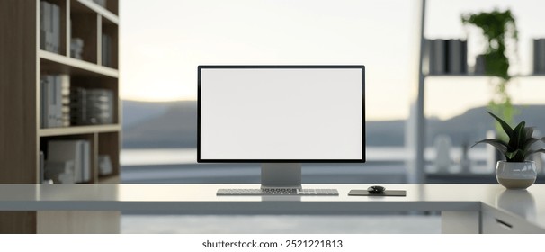 A front view of a computer with a white screen mockup on a white desk in a modern office, featuring a large window with a nature view. office desk, computer desk, workspace, 3d render, 3d illustration