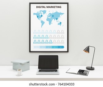 Front view of creative workplace with empty laptop, coffee cup, other items and business sketch in frame above. Mock up, 3D Rendering