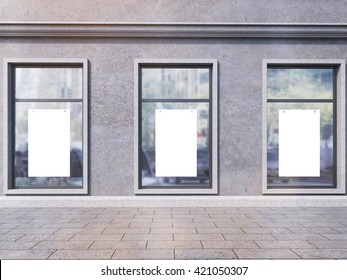 Front view of dark concrete shop exterior with blank posters on windows. Mock up, 3D Rendering