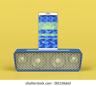 Front View Of Docking Station Speaker And Smartphone On Yellow Background