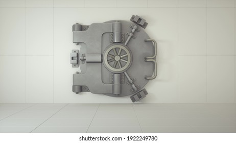 Front view of the door of a bank vault on white background. 3d illustration.