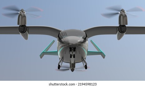 Front View Of Electric VTOL Passenger Aircraft  Flying In The Sky. Air Mobility Concept.  3D Rendering Image.