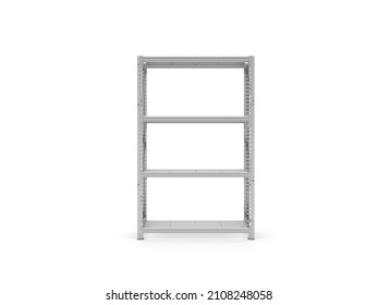 Front View Of Empty Shelves. Empty Metal Racks. Retail Business. Shelf Warehouse. Isolated On The White Background. 3D Illustration