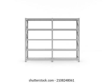 Front View Of Empty Shelves. Empty Metal Racks. Retail Business. Shelf Warehouse. Isolated On The White Background. 3D Illustration