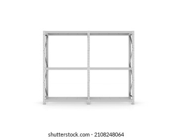 Front View Of Empty Shelves. Empty Metal Racks. Retail Business. Shelf Warehouse. Isolated On The White Background. 3D Illustration