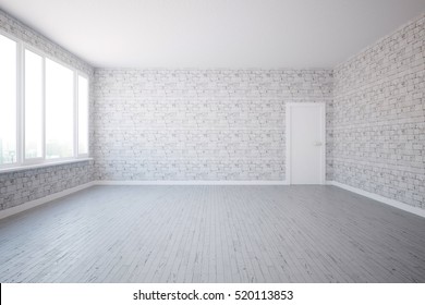 Front view of empty white brick wall in interior with door and city view. 3D Rendering