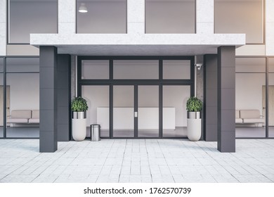 Front View Of Entrance Of Modern Office Building With Plants. Business Corporate And Company Concept. 3d Rendering