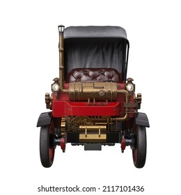 Front View Of A Fantasy Steampunk Car Powered By Steam Engine. 3D Illustration Isolated On White.