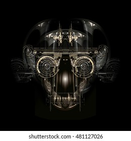 Front view of a futuristic cyborg face. 3D Illustration