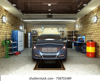 Front View Of A Garage With A Car 3D Interior With Opened Roller Door 3D Rendering