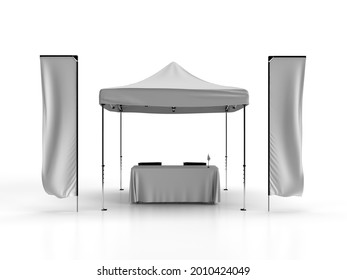 Front View Of A Gazebo Tent With Telescopic Advertising Banner Flags And A Table Cloth With Two Directors Chairs, Exhibition Display 3d Render Scene.