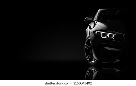 Front view of a generic and brandless moder car on a black background: 3d illustration