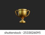 A front view of a golden trophy cup on a dark background, symbolizing victory, achievement, or recognition in competitions or awards. 3D render illustration