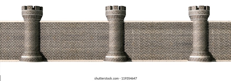 A front view of a gothic brick wall separated by evenly spaced turrets on an isolated background