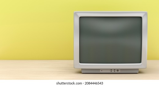 Front View Of Gray CRT TV On Wooden Stand, 3D Illustration