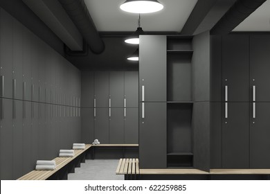 Front View Of A Gray Locker Room With Benches Along The Rows Of Lockers. One Of The Lockers Door Is Open. 3d Rendering