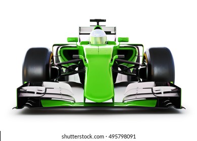 Front View Of A Green Race Car And Driver On A White Isolated Background. 3d Rendering