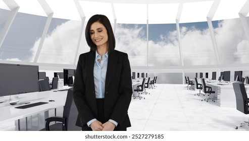 Front view of happiness businesswoman sliding a digital screen in a call center against sky background 4k - Powered by Shutterstock